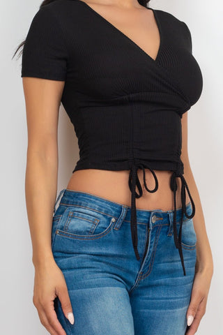 Ribbed Ruched Drawstring Surplice Top