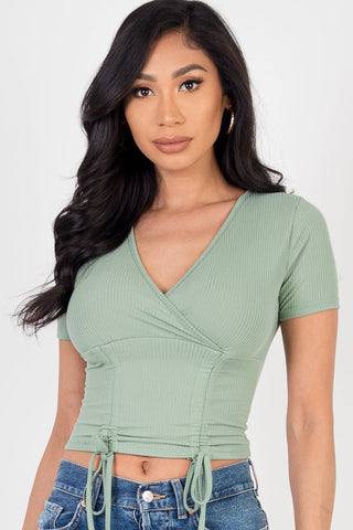 Ribbed Ruched Drawstring Surplice Top