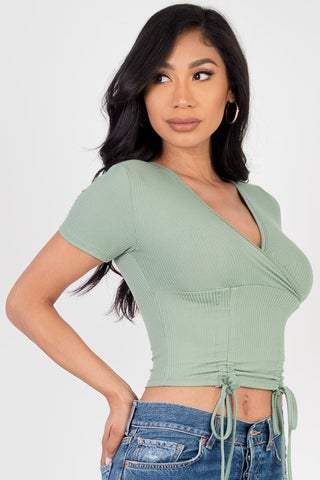 Ribbed Ruched Drawstring Surplice Top