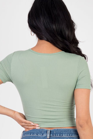 Ribbed Ruched Drawstring Surplice Top