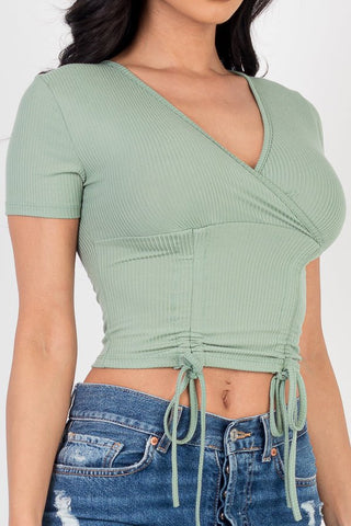 Ribbed Ruched Drawstring Surplice Top