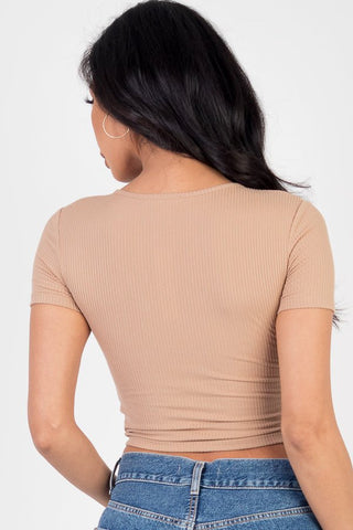 Ribbed Ruched Drawstring Surplice Top