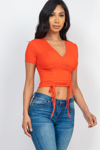 Ribbed Ruched Drawstring Surplice Top