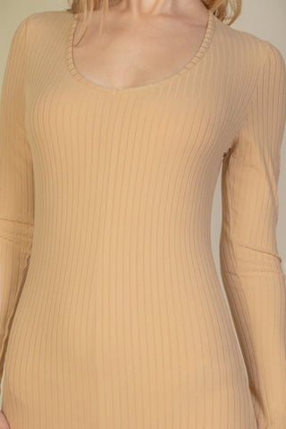 Ribbed scoop neck long sleeve jumpsuit, soft beige knit fabric, 92% polyester, 8% spandex.