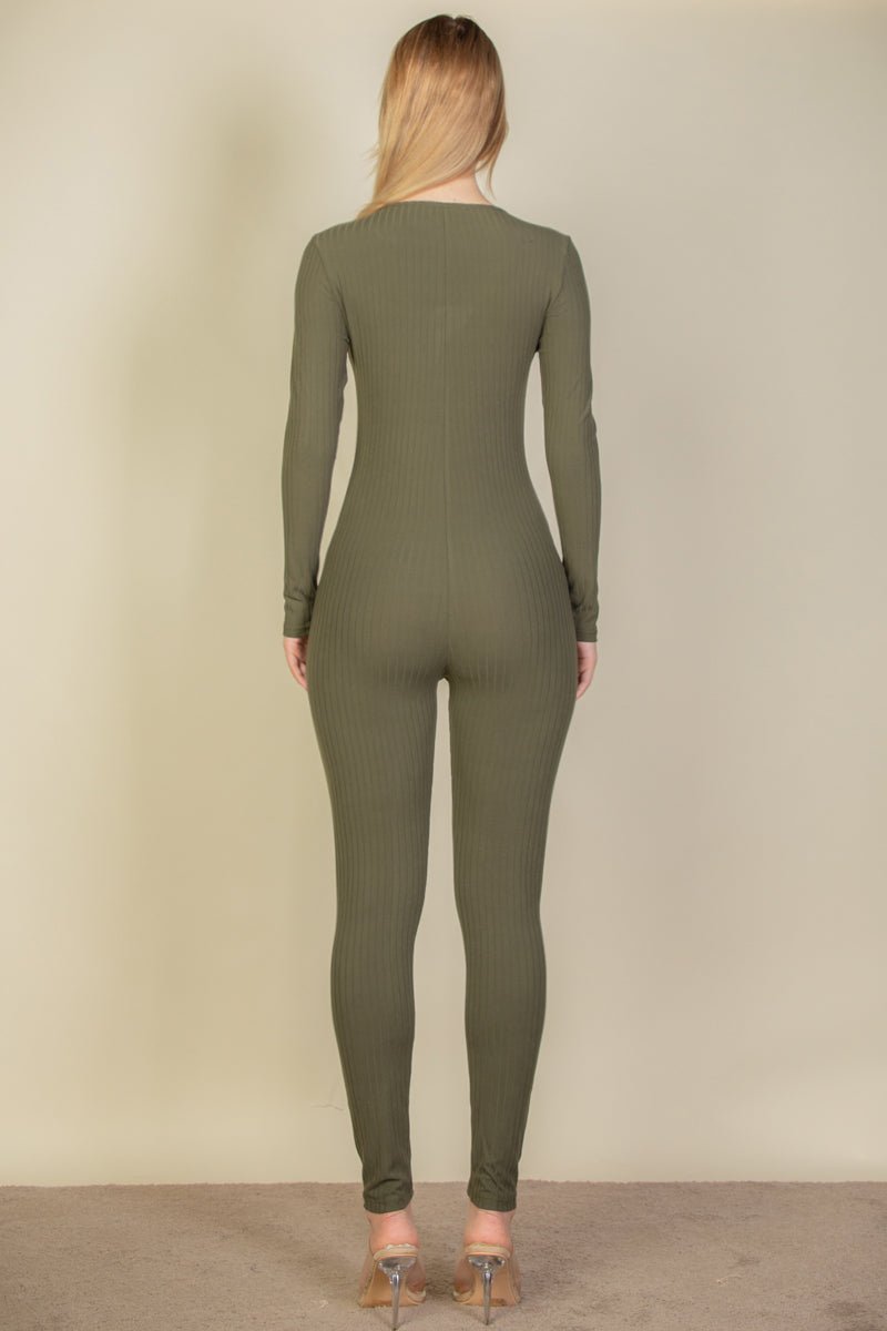 Back view of olive green ribbed scoop neck long sleeve jumpsuit, high stretch fabric, featuring a soft lightweight polyester-spandex blend.
