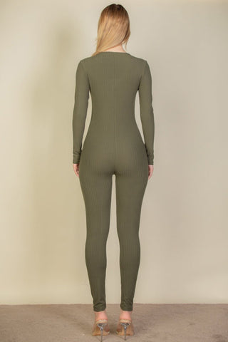Back view of olive green ribbed scoop neck long sleeve jumpsuit, high stretch fabric, featuring a soft lightweight polyester-spandex blend.