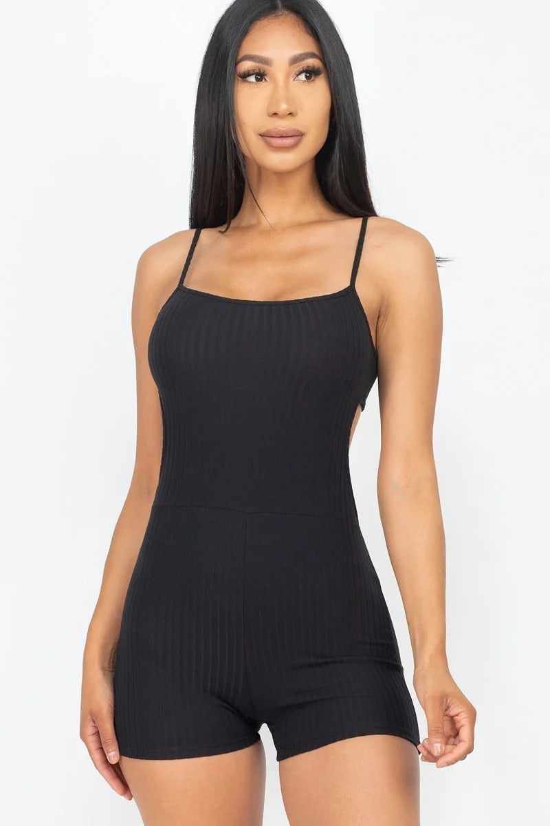 Ribbed Sleeveless Back Cutout Bodycon Active Romper-Black