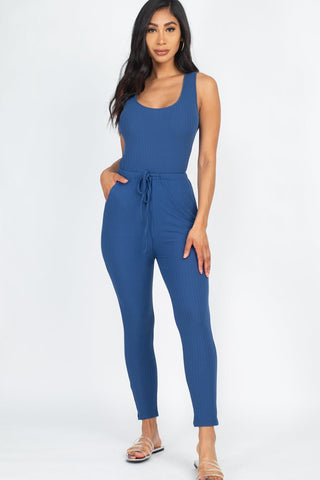 Ribbed Sleeveless Drawstring Jumpsuit