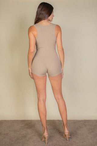 Ribbed Sleeveless Romper | Slit Neckline Bodycon Playsuit