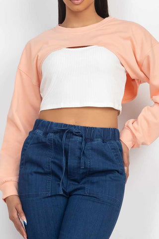Ribbed Sleeveless Top With Shrug Sweater-Light Peach