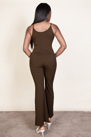 Back view of ribbed sleeveless wide leg jumpsuit in brown with spaghetti straps, made of soft stretch rib knit fabric.