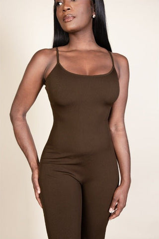 Ribbed sleeveless wide leg jumpsuit with spaghetti straps, made from soft rib knit fabric in brown. Perfect for stylish comfort.