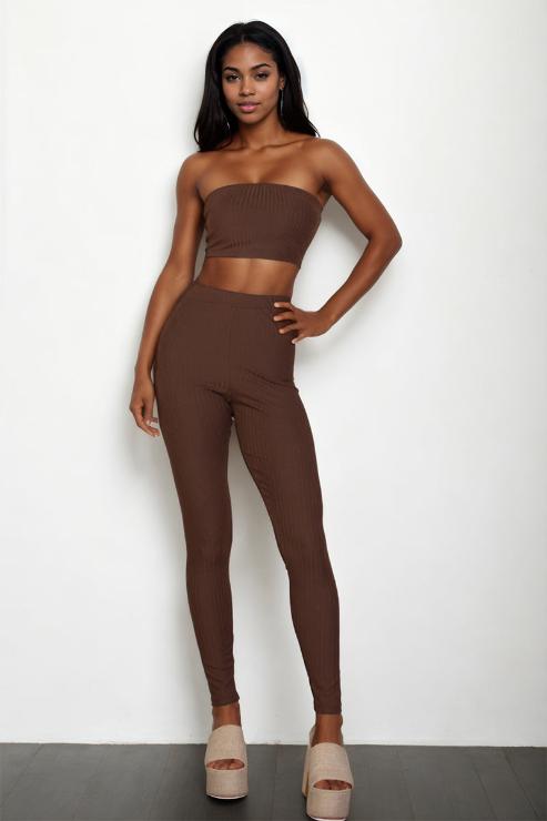 Model wearing brown ribbed tube top and leggings set made of 92% polyester and 8% spandex, featuring a bodycon fit.