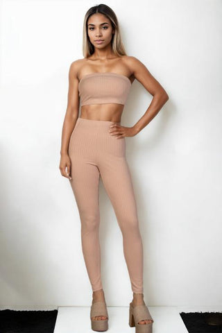 Ribbed tube top and leggings set in neutral tone, featuring bodycon style, polyester-spandex blend, perfect for stylish comfort.