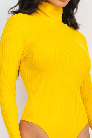 Yellow ribbed turtle neck long sleeve bodysuit, soft and high stretch, made of polyester and spandex, worn by a model.