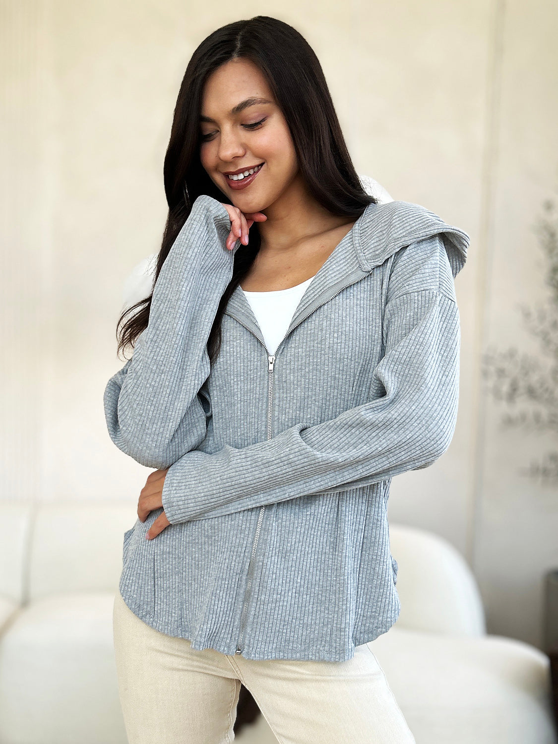 Full size ribbed zip-up hooded jacket with drawstring in gray, featuring a comfortable fit and stylish design.