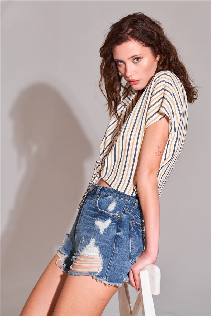 Ripped High-waist Front Zip-up Raw Hem Detail Distressed Mini Shorts-