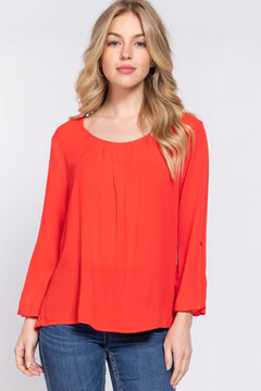 Roll Up Sleeve Pleated Blouse-Tomato