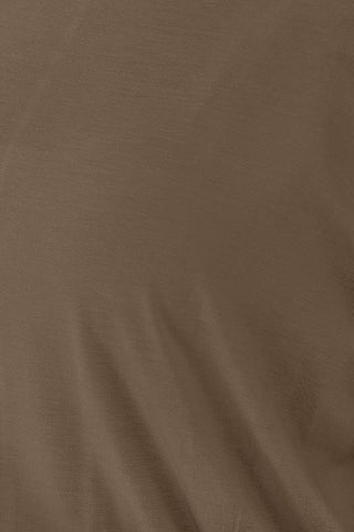 Close-up of brown fabric texture of Round Neck Batwing Sleeve Top showing the smooth rayon and spandex blend.