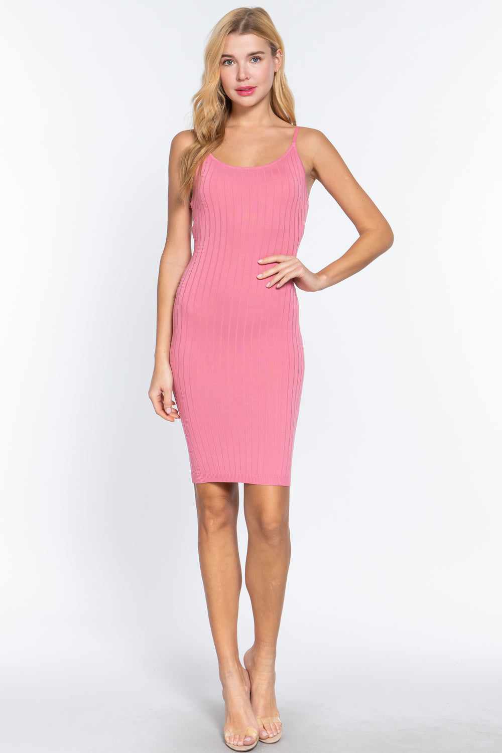 Round Neck Cami Rib Sweater Dress-Pink