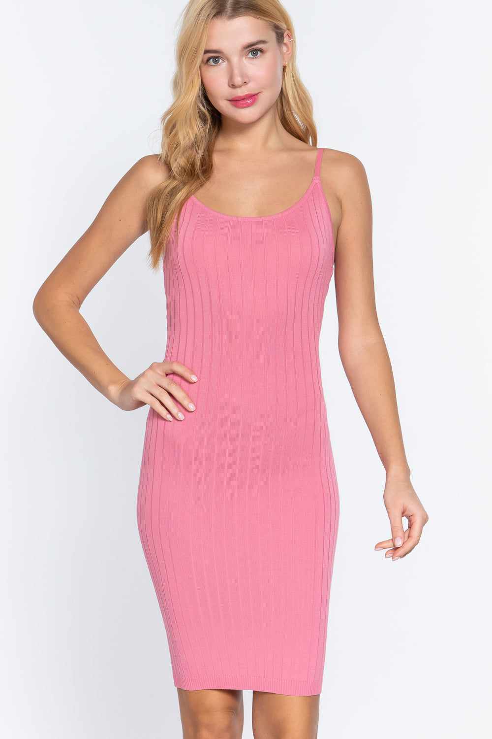 Round Neck Cami Rib Sweater Dress-Pink