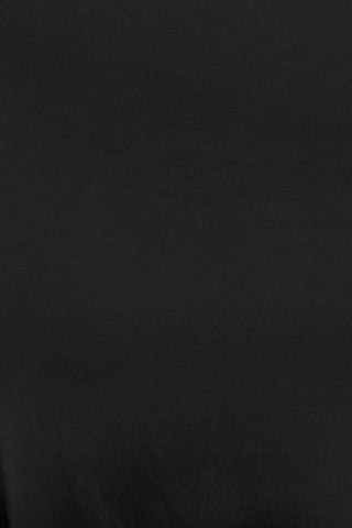 Close-up of black slightly stretchy round neck dropped shoulder T-shirt fabric showing its opaque texture and basic style.