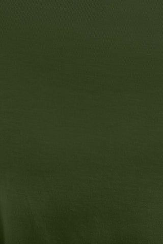 Olive green round neck dropped shoulder T-shirt made of 95% rayon and 5% spandex, featuring a basic style with slight stretch.
