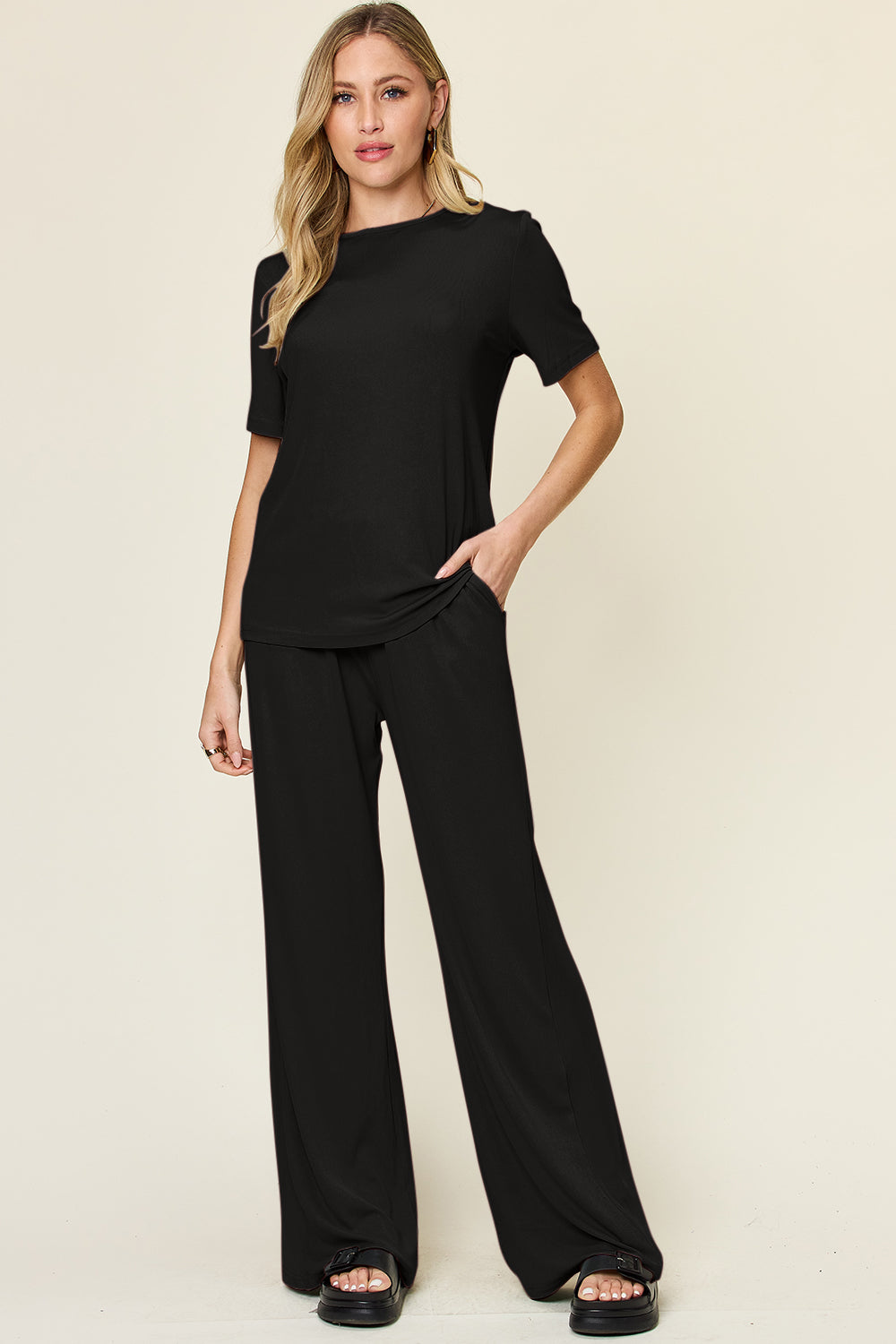 Round Neck Short Sleeve T-Shirt and Wide Leg Pants Set