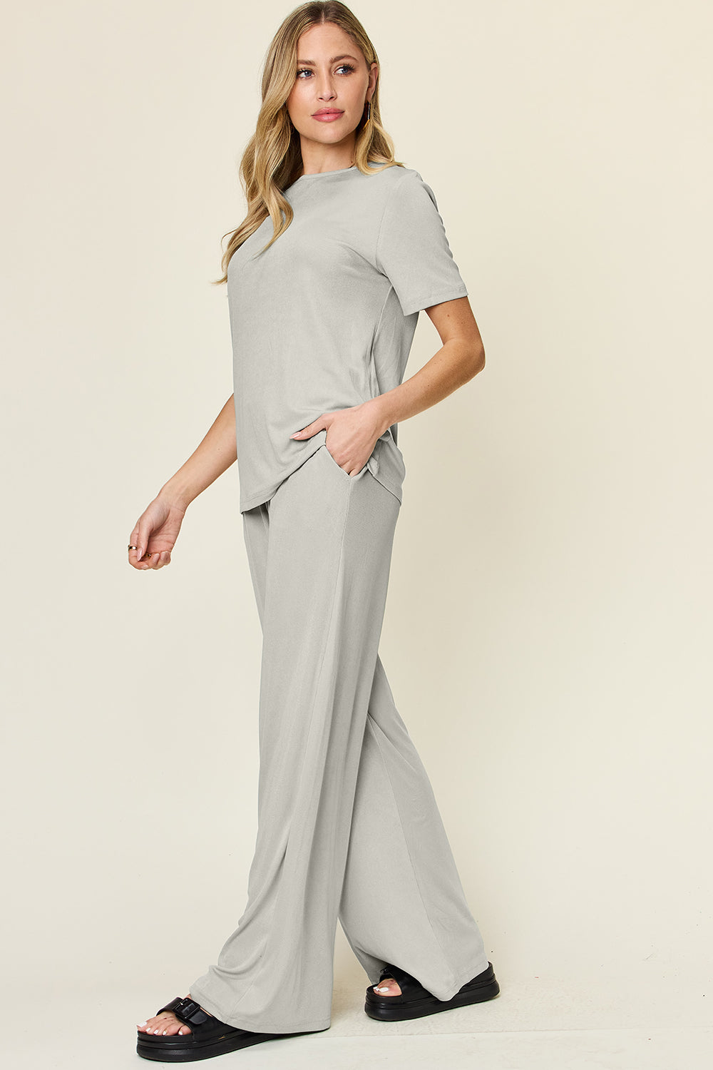 Round Neck Short Sleeve T-Shirt and Wide Leg Pants Set