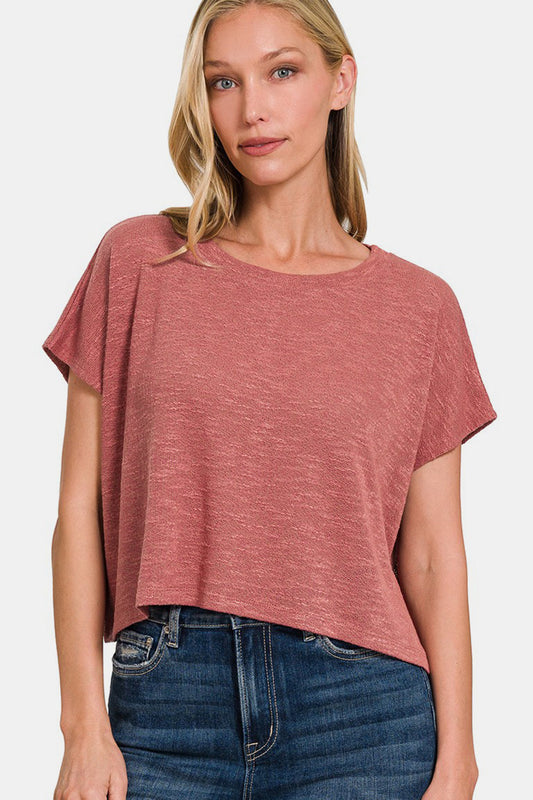 Women's round neck short sleeve t-shirt in red, featuring a basic style with slightly stretchy, opaque fabric for casual comfort.