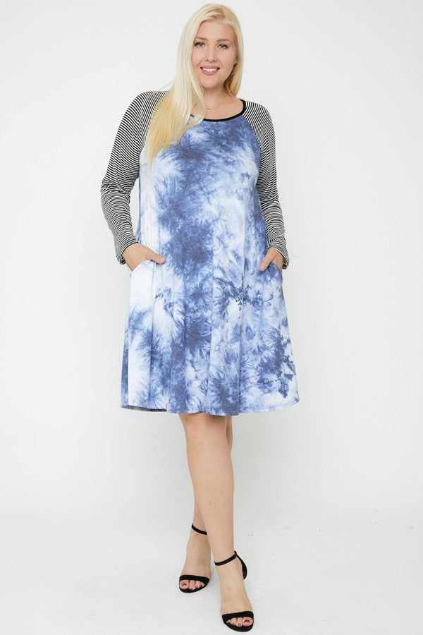 Round Neck Tie Dye Dress-Blue