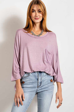 Rounded Neckline 3/4 Sleeves Washed Top-Lavender