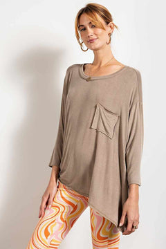 Rounded Neckline 3/4 Sleeves Washed Top-Mushroom