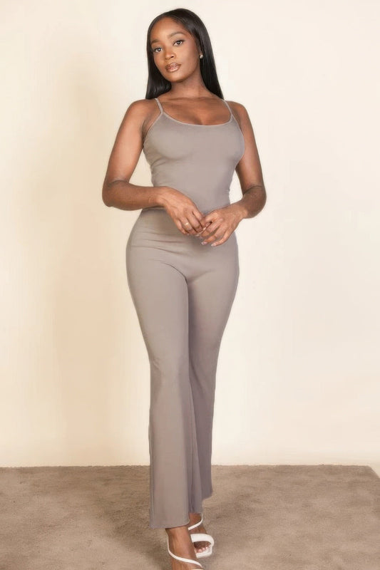 Stylish ribbed sleeveless wide-leg jumpsuit offers chic comfort and elegance.