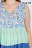 Ruffle Detail Tiered V-neck Top-Blue Mix