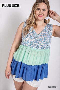Ruffle Detail Tiered V-neck Top-Blue Mix