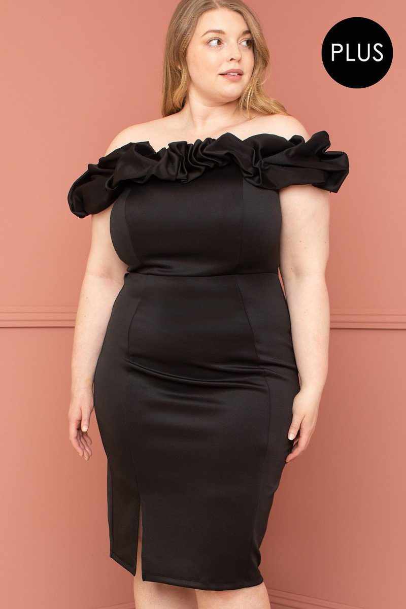 Ruffle Off The Shoulder Plus Size Midi Dress-Black