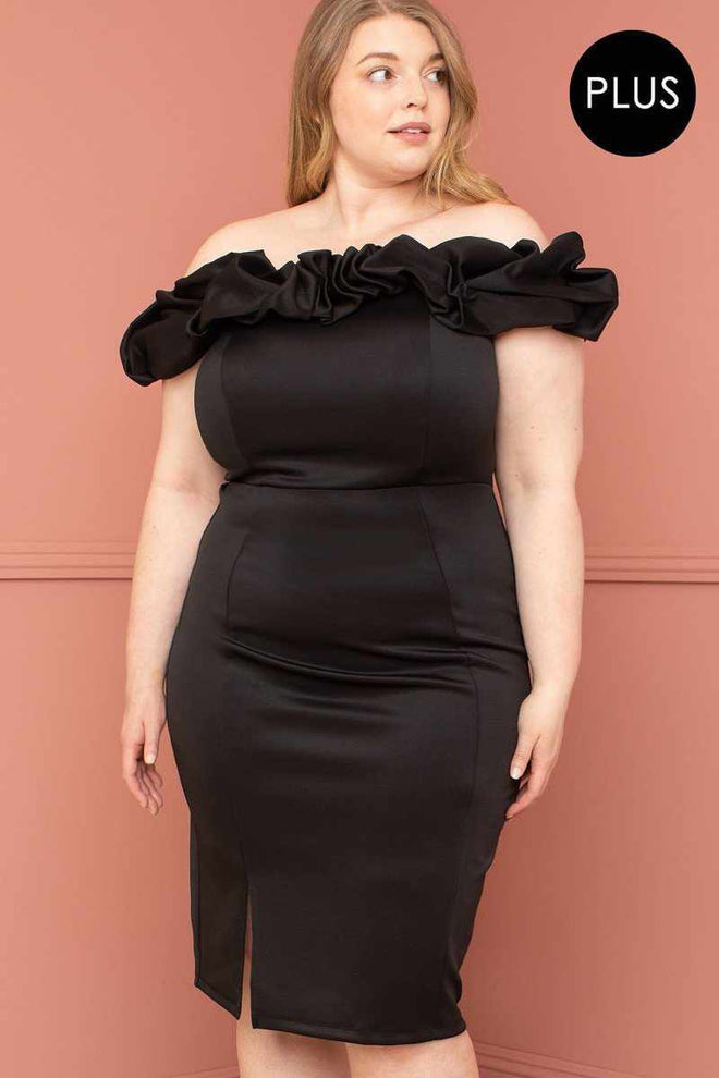 Ruffle Off The Shoulder Plus Size Midi Dress-Dresses-Your Style Fashion