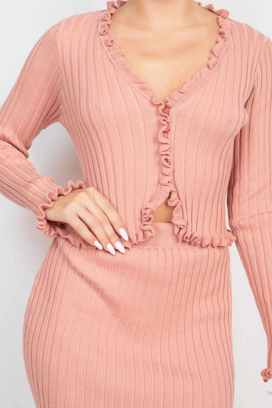 Ruffle Trim Buttoned Sweater Cardigan-Dusty Blush