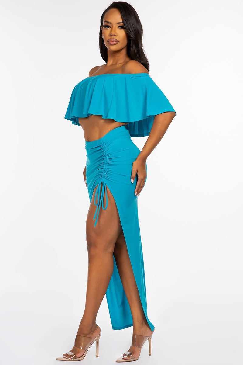 Ruffled Cropped Top And Ruched Maxi Skirt Set-Jade