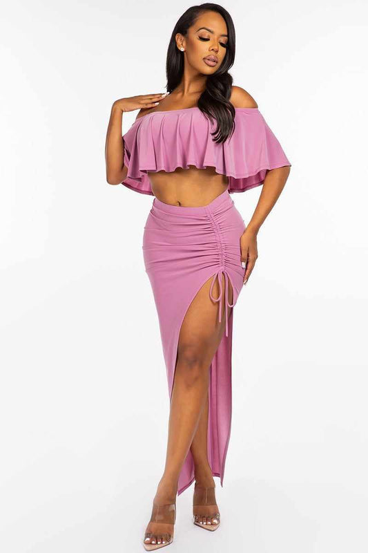 Mauve off-shoulder ruffled cropped top and ruched maxi skirt set made in USA, stylish two-piece outfit, polyester spandex blend.