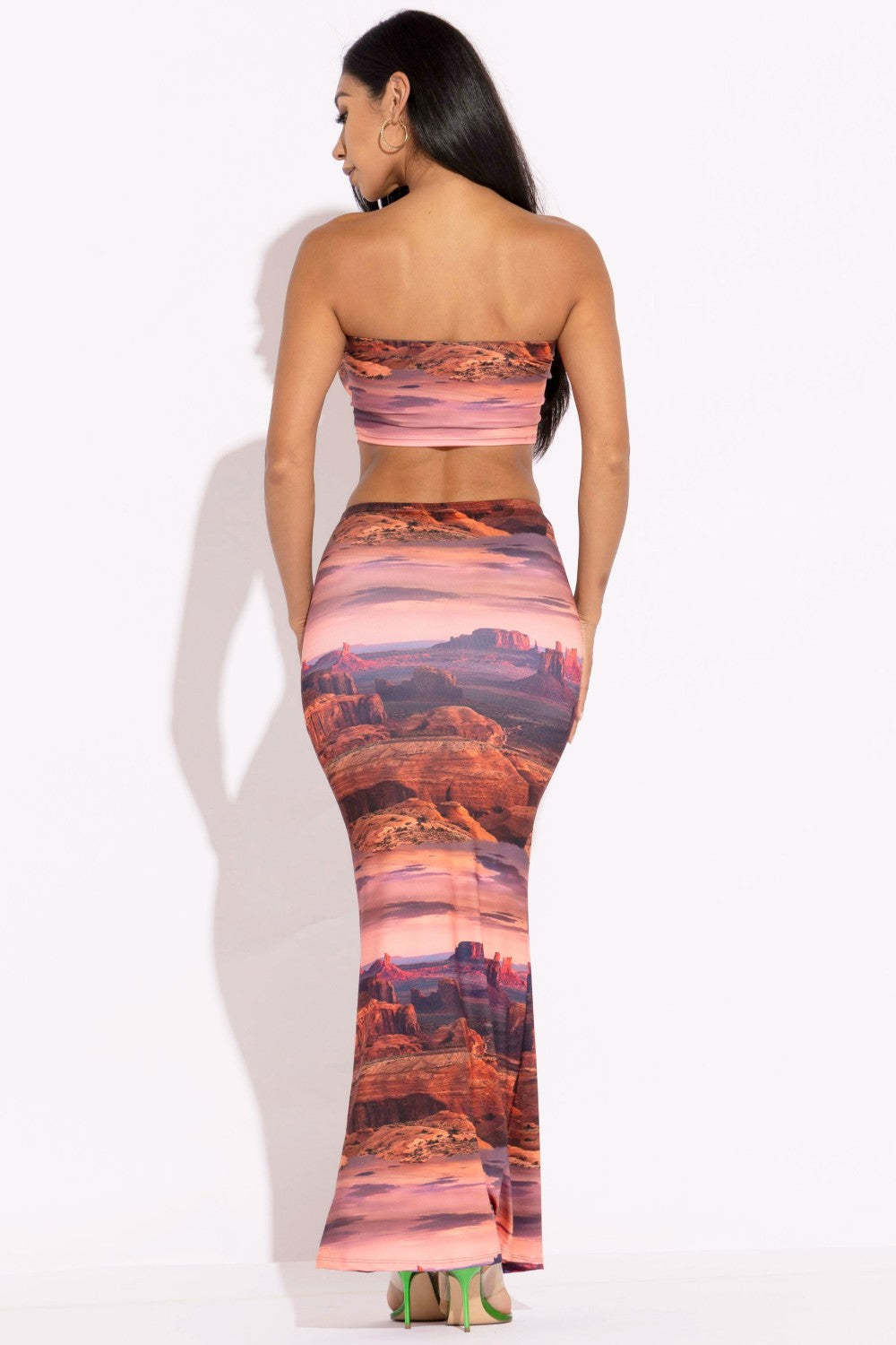 Rust printed tube top and maxi skirt set, polyester and spandex blend, offering comfort and style, perfect for day-to-night wear.