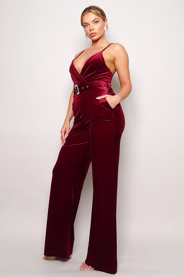 Samba Rhinestone Belt Velvet Jumpsuit-Burgundy