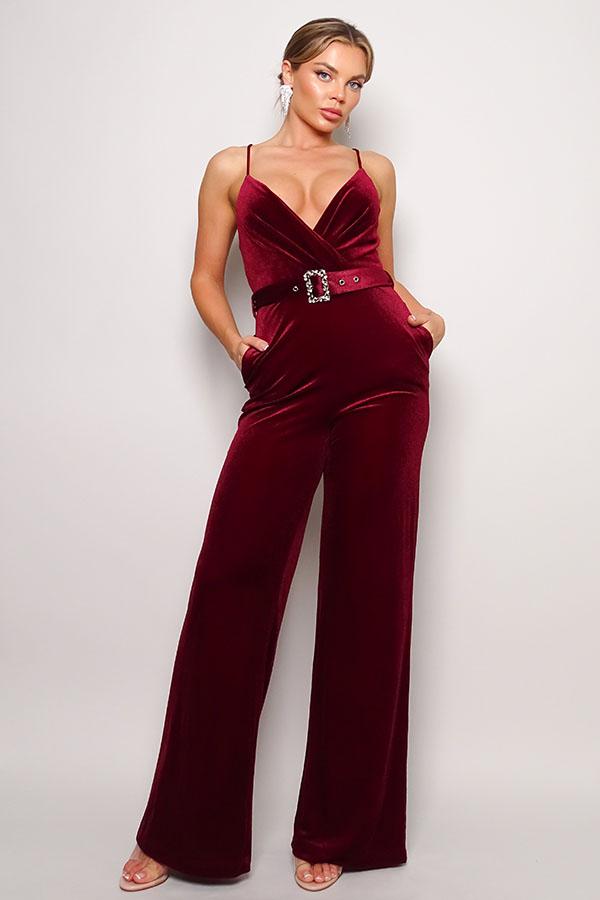 Samba Rhinestone Belt Velvet Jumpsuit-Burgundy