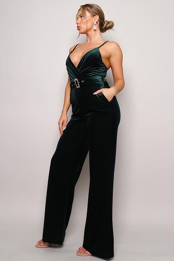 Samba Rhinestone Belt Velvet Jumpsuit-Hunter