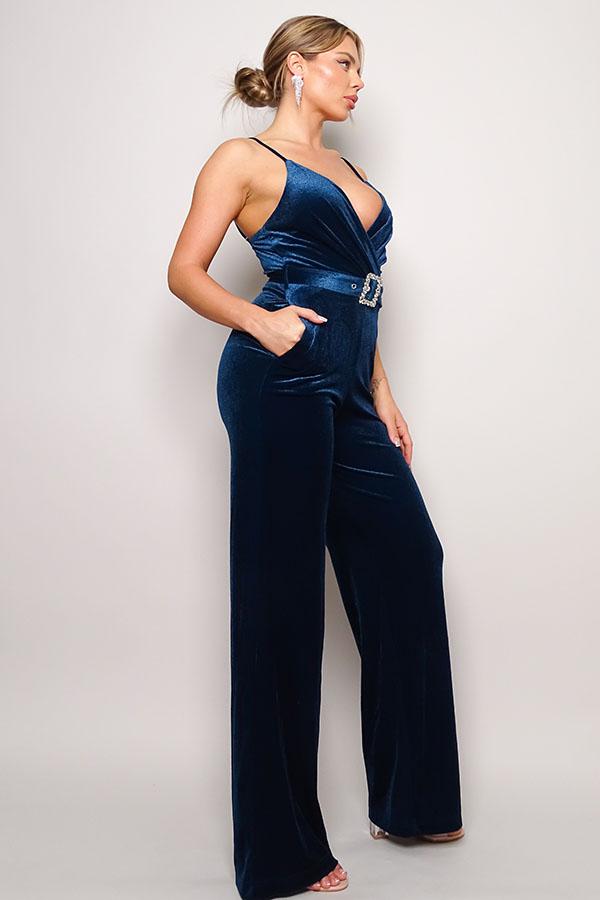 Samba Rhinestone Belt Velvet Jumpsuit-Teal