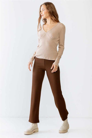 Sand Ribbed V-neck Long Sleeve Soft To Touch Top-Sand