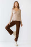 Sand Ribbed V-neck Long Sleeve Soft To Touch Top-Sand