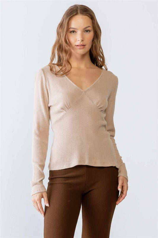 Sand Ribbed V-neck Long Sleeve Soft To Touch Top-Sand