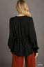 Satin Black V-neck Ruffle Baby Doll Top With Cuffed Long Sleeve